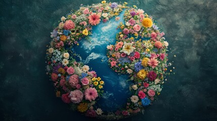 Conceptual image of planet Earth with continents crafted as blooming floral territories, each continent exhibiting a unique palette of flowers,  - obrazy, fototapety, plakaty