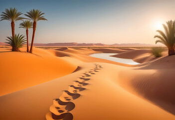Traces of a caravan and a person on the sand in the hot Sahara, an oasis with palm trees and a lake in the background, hot and hot Sahara desert,