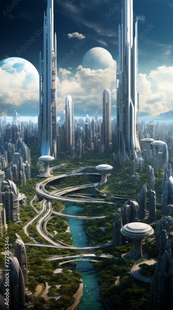 Poster a sprawling metropolis adorned with sleek skyscrapers, interconnected by sky bridges and elevated wa
