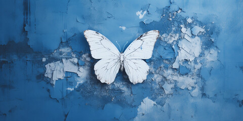 butterfly on a wall of blue color, blue vintage wall with blue butterfly, A blue butterfly in white smoke
