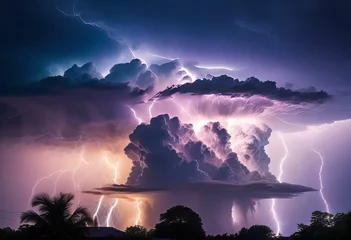 Fotobehang A thunderstorm with beautiful bright lightning, a strong storm with lightning, a riot of elements, natural phenomena, © Perecciv