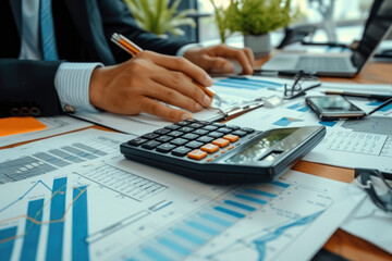  Auditor and accountant team working in office, analyze financial data and accounting record with calculator. Accounting company provide finance and taxation planning for profitable cash flow.