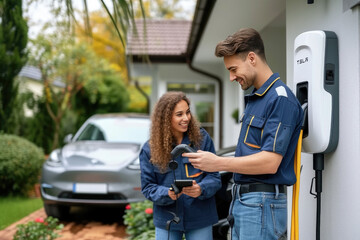 Technician install home EV charging station, providing service support for EV app on customer smartphone for monitoring charging status and set charging schedules at home.