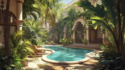 Obraz na płótnie Canvas Courtyard with a kidney-shaped pool, lush greenery, palm trees, poolside seating, tranquil atmosphere, detailed and scenic illustration Generative AI