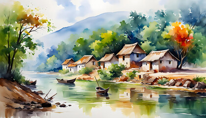 Beautiful watercolor of Indian village, houses against green forest background, watercolor painting, mural for room design,