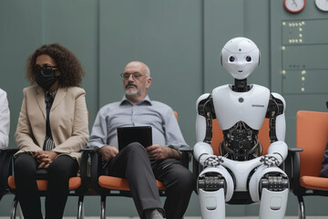 Fototapeta na wymiar Business people and humanoid AI robot sitting and waiting for a job interview: AI vs human competition