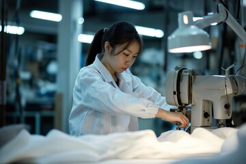 Specialized worker operating a sewing machine in a textile workshop in China.