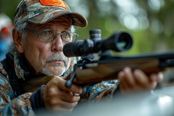 Mature white man shooting a rifle at a shooting range, American Rifle Association.