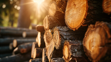 a bunch of wooden logs in full screen in morning light with light 