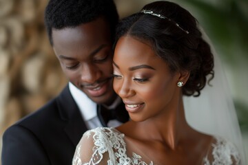 Attractive newly married couple, African-American, with very elegant wedding clothes, the husband hugs her tenderly. - obrazy, fototapety, plakaty