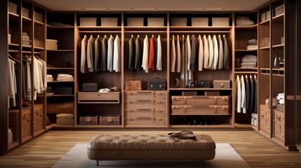 Customized Wardrobe Storage ::1 visual of a customized wardrobe closet with adjustable shelves, compartments, and personalized organization Generative AI