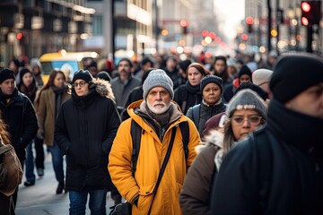 the crowd on a busy street in the style - obrazy, fototapety, plakaty
