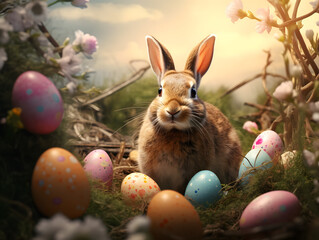 Fototapeta na wymiar Easter background with bunny and eggs