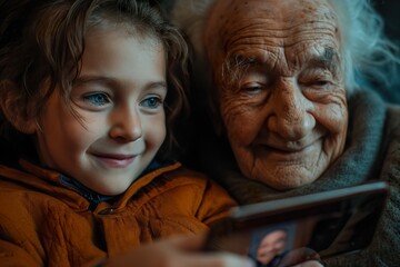 A grandfather and his granddaughter look at their cell phones to watch funny videos.