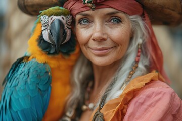 50 year old woman, dressed as a pirate, even with a real parrot on her shoulder.;