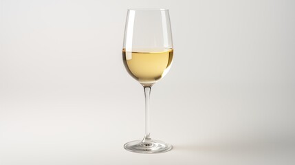 A clean pure spotless white wine glass filled with a crisp white wine against a spotless white background