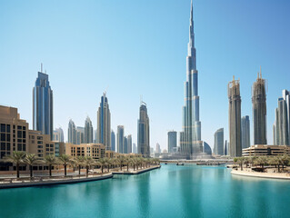 Obraz premium A photograph of the iconic Burj Khalifa in Dubai, UAE, the world's tallest skyscraper.