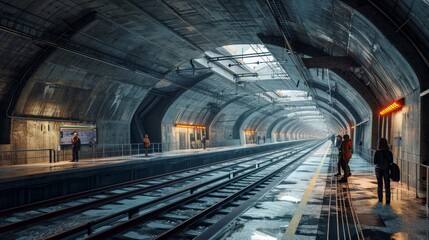 Detailed perspective of an underground metro station, commuters, trains, platforms, architectural details, photorealistic depiction Generative AI