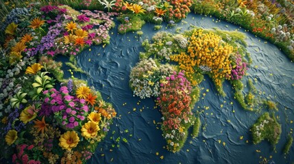 Obraz na płótnie Canvas Detailed photo concept of Earth where continents are visualized as colorful flowerbeds, illustrating various floral species across different continents, portraying the planet's rich and diverse ecosys