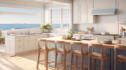 Detailed rendering of a coastal kitchen with light, airy colors, beach-themed decor, and natural sunlight streaming in Generative AI