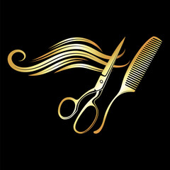 Beautiful curls of hair and scissors comb. Unique design for a beauty salon