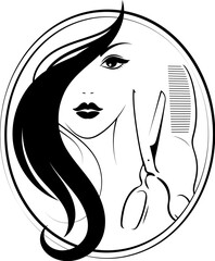Girl face and scissors, comb. Unique design for a beauty salon
