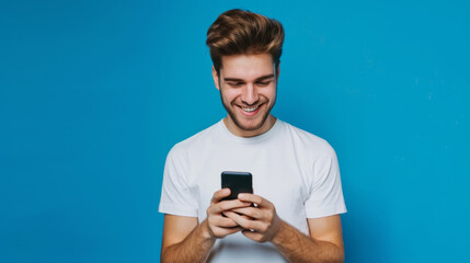young man with styled hair, smiling while looking at his smartphone against a solid blue background