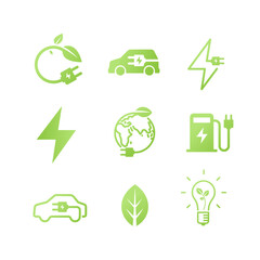 Icons on the topic of electric car charging.