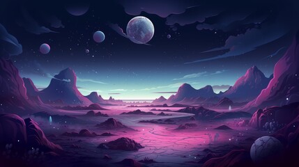 A surreal lunar landscape with craters and a starry sky. vector cartoon graphic Generative AI - obrazy, fototapety, plakaty