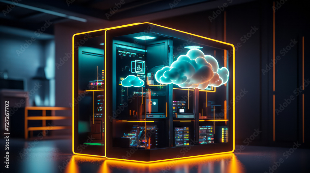 Poster conceptual visualization of cloud computing with neon cloud design and server rack, highlighting dat