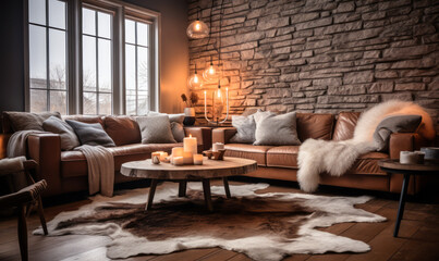 Cozy modern living room with natural stone wall, leather sofas, fur throw, wooden table, cowhide rug, and warm lighting