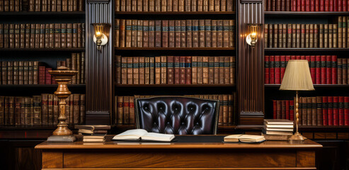 Classic Library Interior with Dark Wood Bookshelves Full of Leather-Bound Books and Desk with Reading Lamp