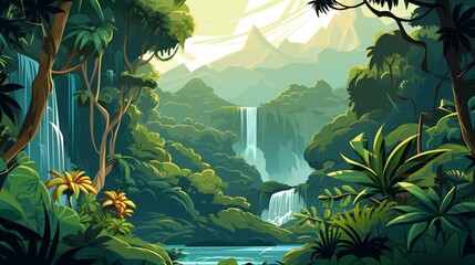 A tropical rainforest with diverse vegetation and a waterfall. vector cartoon graphic Generative AI