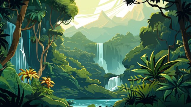 A tropical rainforest with diverse vegetation and a waterfall. vector cartoon graphic Generative AI - Powered by Adobe