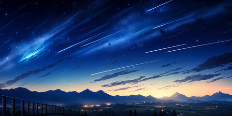 Majestic Night Sky Panorama with Meteor Shower and Luminous Trails Above Mountainous Landscape at Dusk