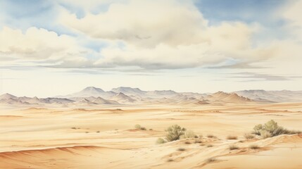 Fototapeta na wymiar A vast desert with sand dunes and a clear horizon. landscape watercolor Generative AI