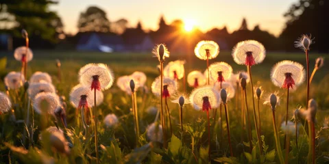  Ethereal summer sunset landscape with delicate dandelion seeds in full bloom, backlit by the warm glow of the setting sun, amidst lush greenery in a tranquil field © Bartek