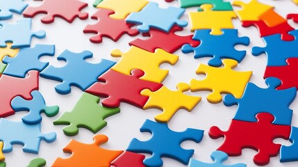 A set of colorful jigsaw puzzle pieces arranged in a pattern on a clean pure spotless white surface