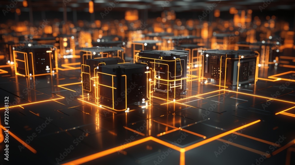 Poster a visual representation of a render farm's backend infrastructure, showcasing the synchronization an