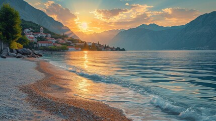A breathtaking morning scene at the Bay of Kotor, the rising sun painting the sky with soft hues Generative AI - obrazy, fototapety, plakaty