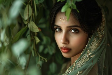 Young Indian woman wearing classic Indian sari, practicing in nature.