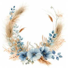 Fototapeta na wymiar Cute Blue Pampas Rustic Bohemian Wedding Wreath Flower Clipart, watercolor painting, minimal hand drawn style, textured, vector, white background, no background, 32k uhd, isolated, ultra high detailed