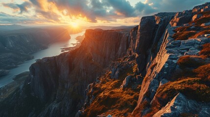 Aerial view of majestic cliffs, warm sunset glow, deep fjords, detailed drone-captured Norwegian fjords at dusk Generative AI