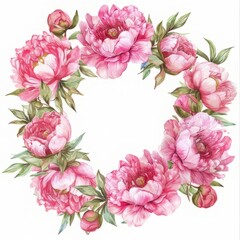 Cute Pink Peony Flower Wreath Clipart, watercolor painting, minimal hand drawn style, textured, vector, white background, no background, 32k uhd, isolated, ultra high detailed