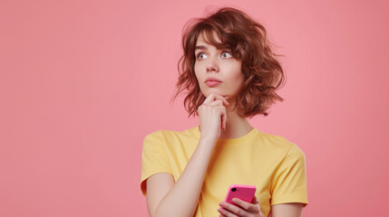 woman with short brown hair wearing a yellow T-shirt, holding a pink smartphone to her face and looking up thoughtfully