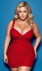 Fototapeta premium Beauty curve plus size fat woman in a red mini dress on a blue background.Long hair.Digital creative designer fashion art.