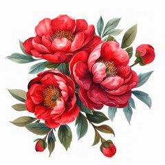 Cute Red Peony Bouquet Flower Clipart, watercolor painting, minimal hand drawn style, textured, vector, white background, no background, 32k uhd, isolated, ultra high detailed