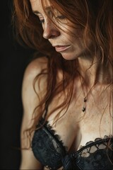 photography of a european redhead 50 years old woman in lingerie