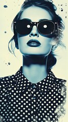Woman in sunglasses on a pop-art background. The concept of glamour and elegance.