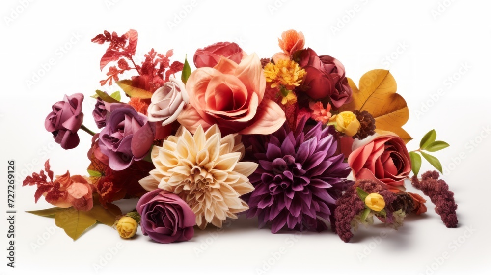 Poster An artistically arranged bouquet featuring a variety of blooms in rich hues, set against a pristine white surface, perfect for adding personalized text or logos Generative AI